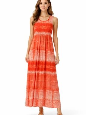 Nina Leonard maxi dress S sleeveless orange lined stretch snake skin summer